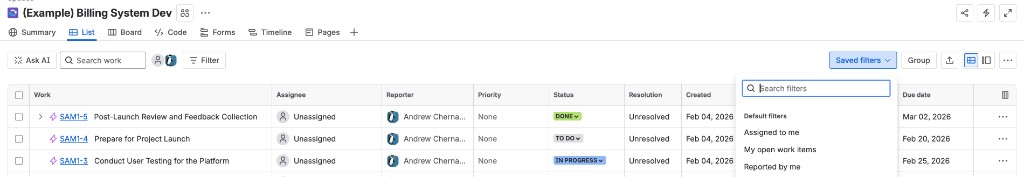 Jira list view with filter, group, export, and layout controls above the work item table